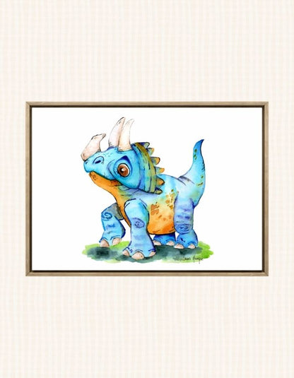 Watercolour art print of a fun vibrant Triceratops Dinosaur - painted by Laura Hamzic