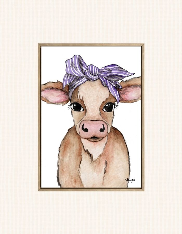 Brown Cow with purple striped headscarf accessory captured in watercolour by Australian Artist Laura Hamzic