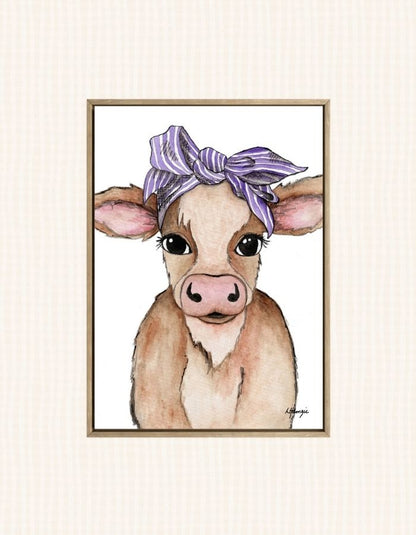 Brown Cow with purple striped headscarf accessory captured in watercolour by Australian Artist Laura Hamzic