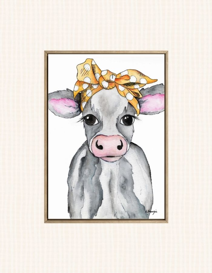 Black and white Cow with mustard spotted headscarf accessory captured in watercolour by Australian Artist Laura Hamzic