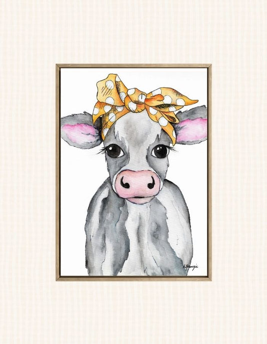 Black and white Cow with mustard spotted headscarf accessory captured in watercolour by Australian Artist Laura Hamzic