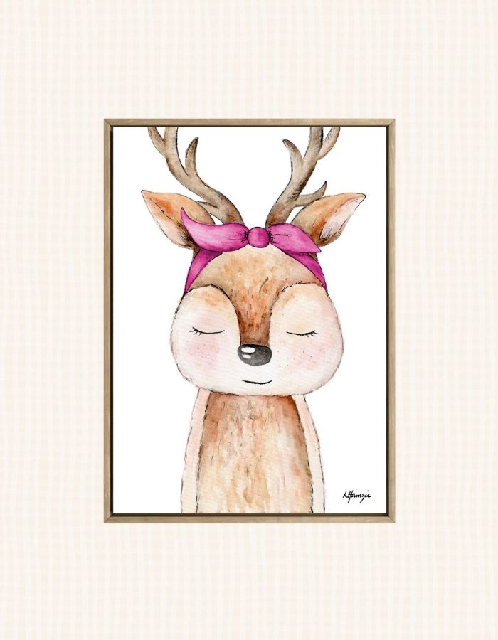 Woodland baby Deer fawn with pink headscarf accessory captured in watercolour by Australian Artist Laura Hamzic