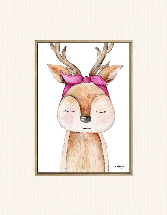 Woodland baby Deer fawn with pink headscarf accessory captured in watercolour by Australian Artist Laura Hamzic