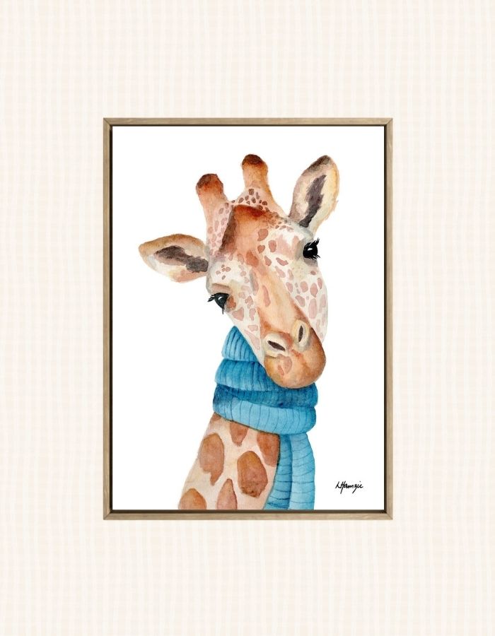 Whimsical fun watercolour painting of a Giraffe wearing a scarf - fun artwork for childs nursery - created by Laura Hamzic Australian Artist