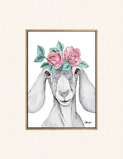 Grey goat with pink and green flower crown captured in watercolour by Australian Artist Laura Hamzic