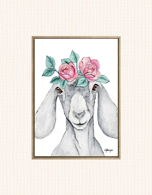 Grey goat with pink and green flower crown captured in watercolour by Australian Artist Laura Hamzic