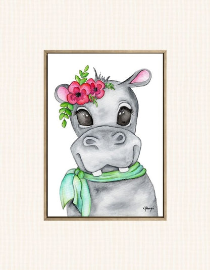Hippo with pink and green flowers and blue green scarf captured in watercolour by Australian Artist Laura Hamzic