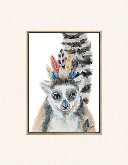 Whimsical Funky watercolour painting of a Lemur wearing a feather headress - fun artwork for childs room - created by Laura Hamzic Australian Artist