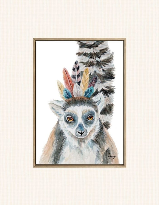 Whimsical Funky watercolour painting of a Lemur wearing a feather headress - fun artwork for childs room - created by Laura Hamzic Australian Artist