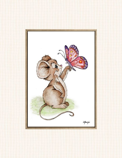 A whimsical mouse and butterfly captured in watercolour by Australian Artist Laura Hamzic