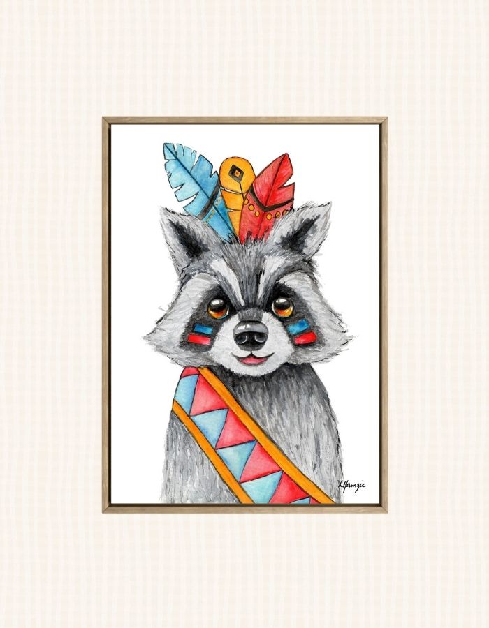 Raccoon in blue, red and yellow Indian headdress with belt and warpaint - artwork by Laura Hamzic Aussie Artist
