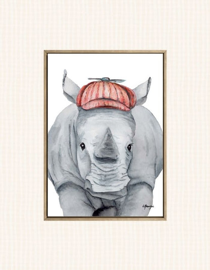 Whimsical watercolour painting of a Rhino wearing a newsboy cap - fun artwork for childs room - created by Laura Hamzic Australian Artist