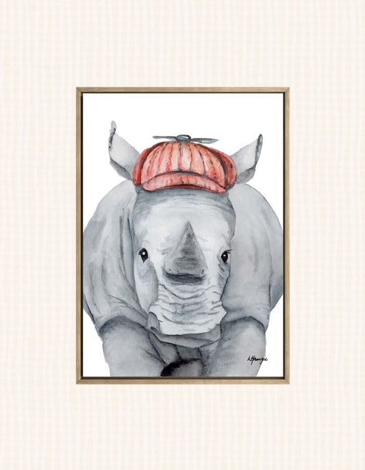 Whimsical watercolour painting of a Rhino wearing a newsboy cap - fun artwork for childs room - created by Laura Hamzic Australian Artist