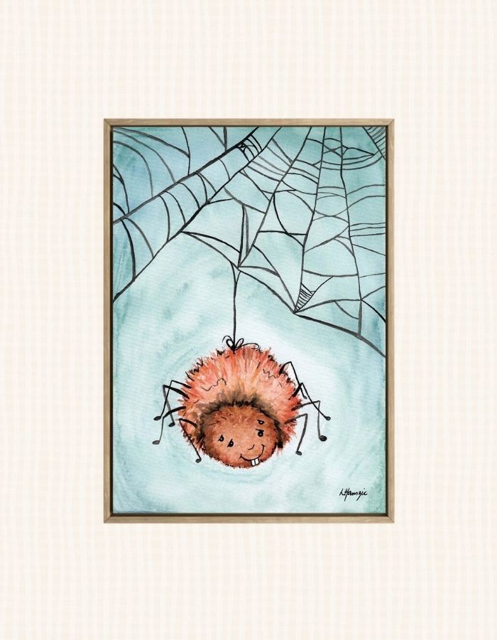 Happy spider hanging from its web art print - painted by Australian Artist Laura Hamzic