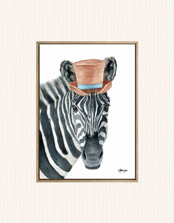 Whimsical fun watercolour painting of a Zebra wearing a top hat - fun artwork for childs playroom - created by Laura Hamzic Australian Artist
