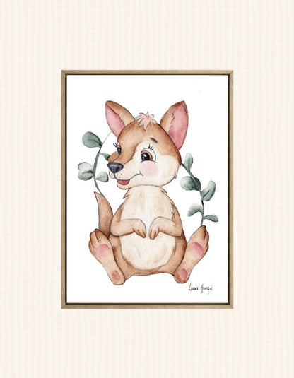 Watercolour art prints of a baby Kangaroo Joey with silver dollar eucalyptus - painted by Laura Hamzic