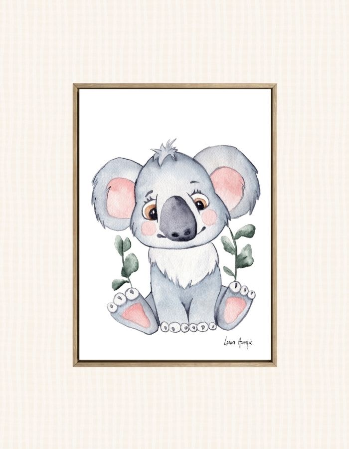 Watercolour art prints of a baby Koala Joey with silver dollar eucalyptus - painted by Laura Hamzic