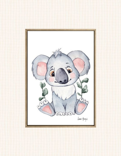 Watercolour art prints of a baby Koala Joey with silver dollar eucalyptus - painted by Laura Hamzic