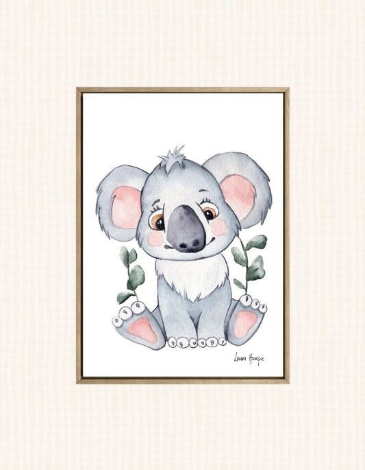 Watercolour art prints of a baby Koala Joey with silver dollar eucalyptus - painted by Laura Hamzic