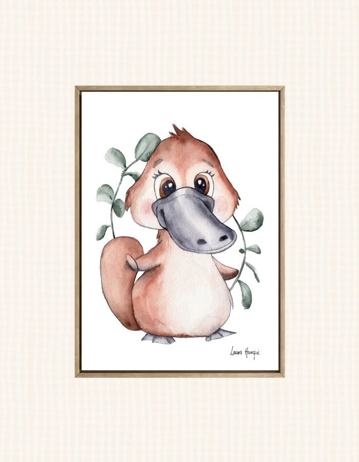 Watercolour art prints of a baby Platypus puggle with silver dollar eucalyptus - painted by Laura Hamzic
