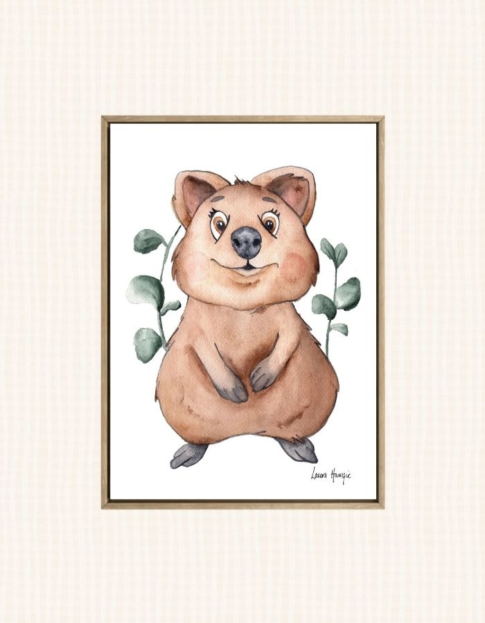 Watercolour art prints of a baby Quokka Joey with silver dollar eucalyptus - painted by Laura Hamzic