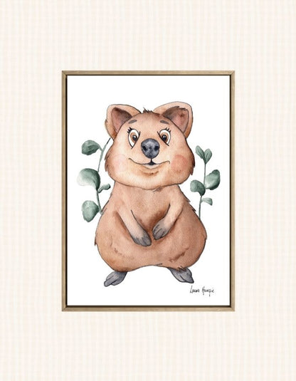 Watercolour art prints of a baby Quokka Joey with silver dollar eucalyptus - painted by Laura Hamzic