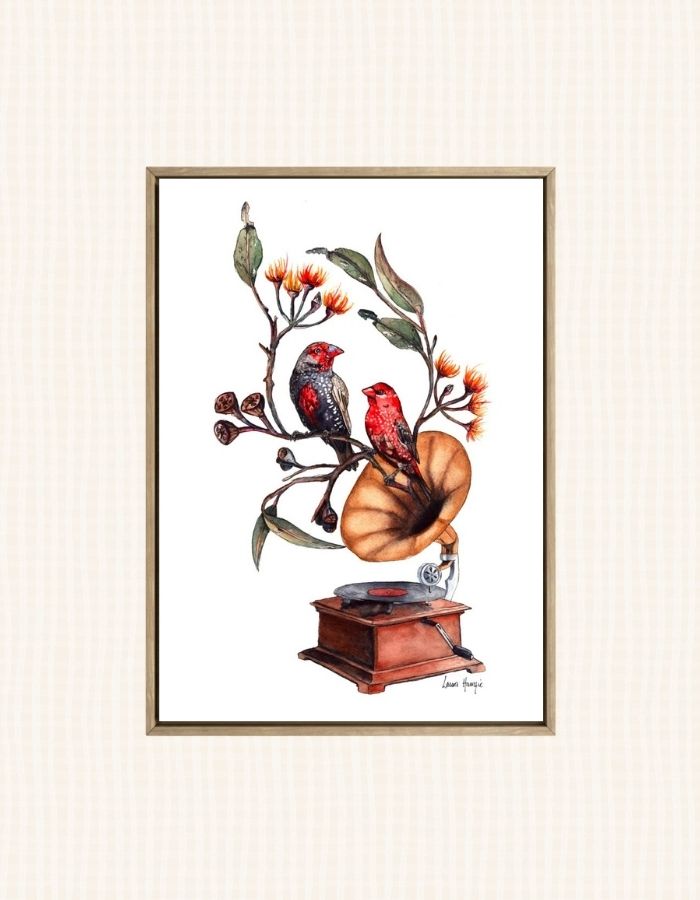 Watercolour art print of Finch Falsetto - a whimsical painting depicting red firetail finches and eucalyptus leaves, blossoms, growing out of a grammophone - artwork by Laura Hamzic