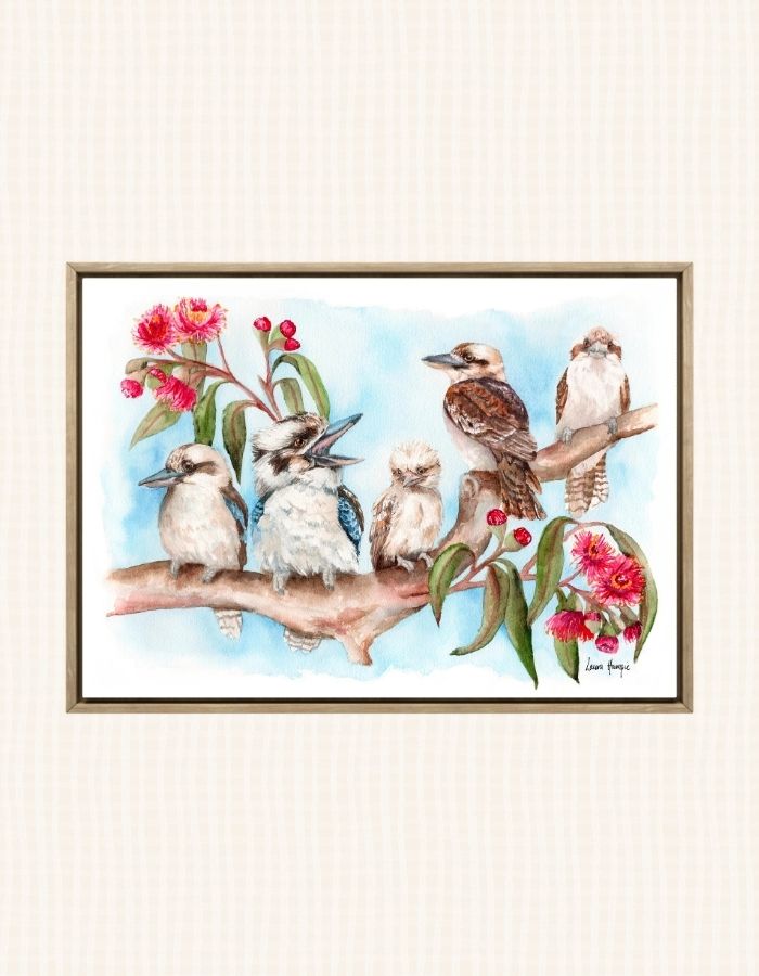 Watercolour art print of a painting of a kookaburra family gathered in a gum tree surrounded by eucalyptus blossoms - hand-painted artwork by Laura Hamzic.