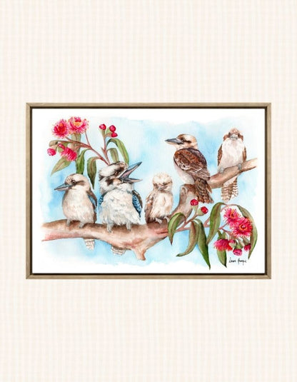 Watercolour art print of a painting of a kookaburra family gathered in a gum tree surrounded by eucalyptus blossoms - hand-painted artwork by Laura Hamzic.