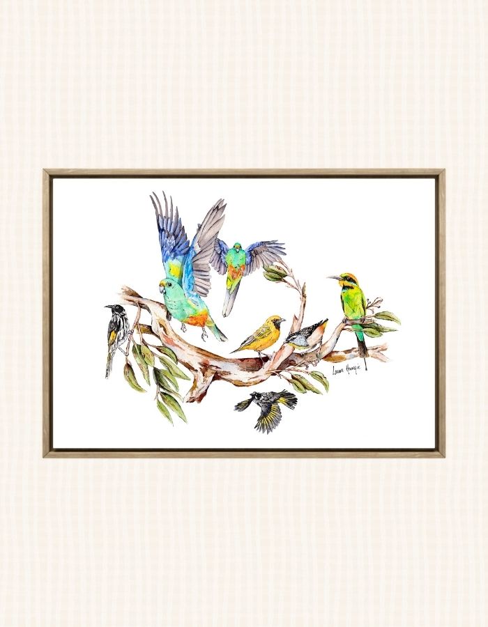 Watercolour art print of the Sunday Social Club - a group of Australian birds gathering to chatter and flit about the gum trees - painting by Laura Hamzic