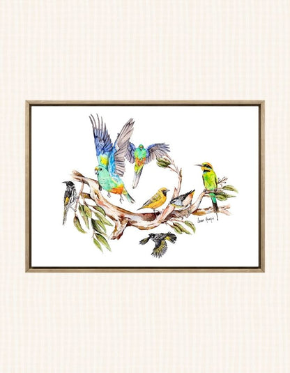 Watercolour art print of the Sunday Social Club - a group of Australian birds gathering to chatter and flit about the gum trees - painting by Laura Hamzic