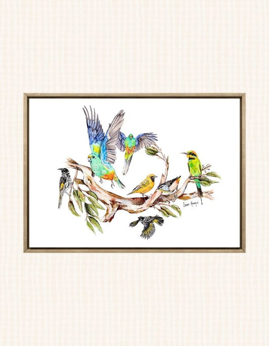 Watercolour art print of the Sunday Social Club - a group of Australian birds gathering to chatter and flit about the gum trees - painting by Laura Hamzic