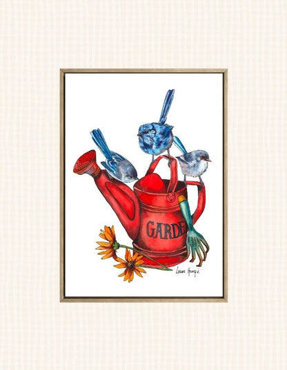 Watercolour art print of a wren family playing in a red garden watering can, hand-painted by Laura Hamzic.