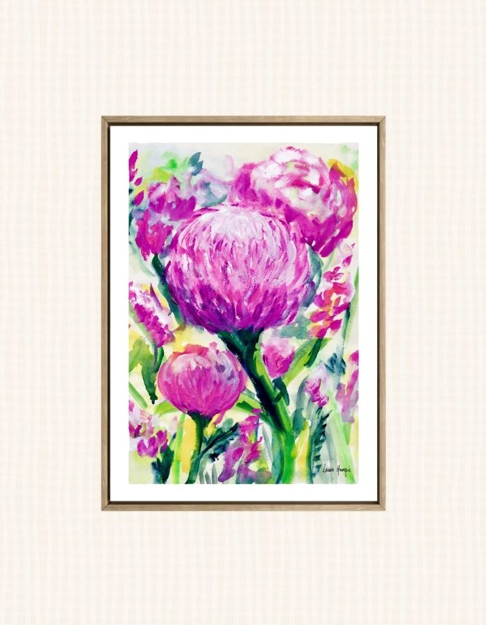 Watercolour art print of a whimsical loose field of purple dahlia flowers, hand-painted by Laura Hamzic.
