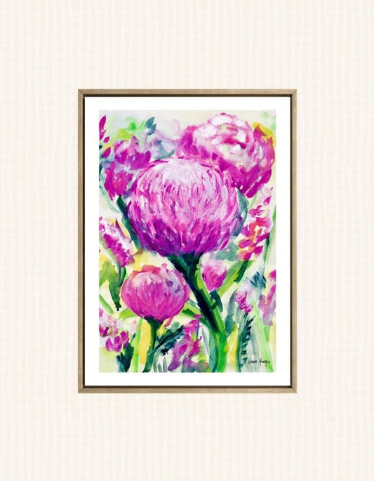 Watercolour art print of a whimsical loose field of purple dahlia flowers, hand-painted by Laura Hamzic.
