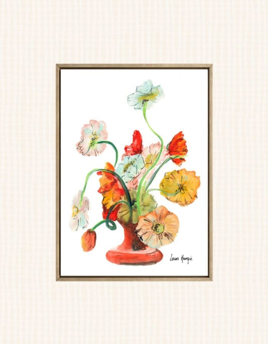 Watercolour art print of an orange vase of Cosmos flowers, hand-painted by Laura Hamzic.