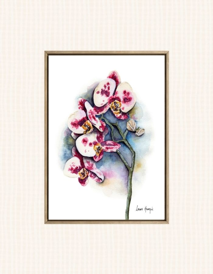 Watercolour art print of a Purple Dalmation Orchid flower on a blooming blue background - hand-painted by Laura Hamzic