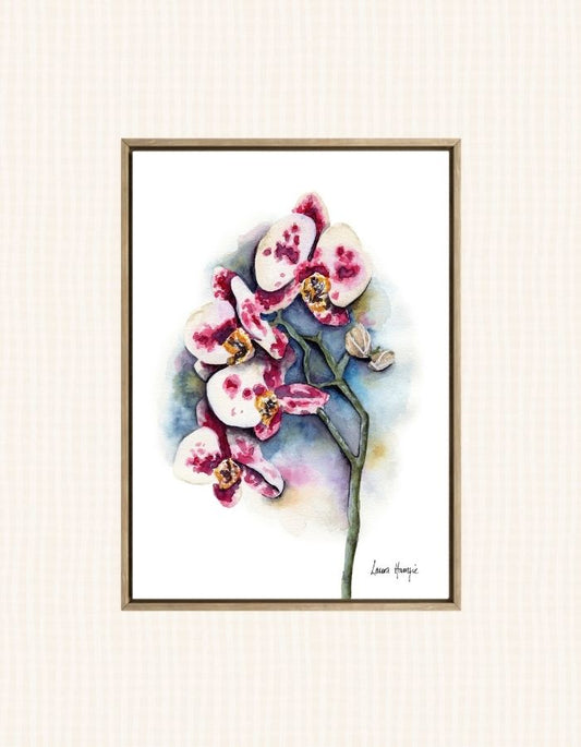 Watercolour art print of a Purple Dalmation Orchid flower on a blooming blue background - hand-painted by Laura Hamzic