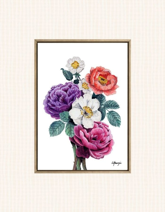 Bouquet of flowers - a mothers day gift with roses, sonata white and purple flowers captured in stunning watercolour detail by Laura Hamzic, Australian Artist