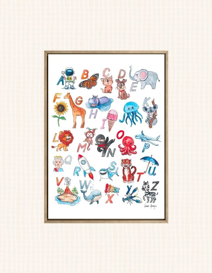 Watercolour art print of the ABC Alphabet with fun illustrations to help children learn the Alphabet, hand-painted by Laura Hamzic.