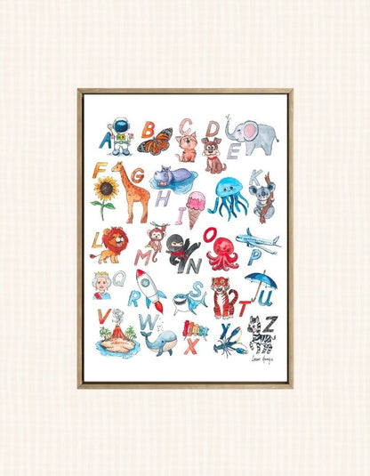 Watercolour art print of the ABC Alphabet with fun illustrations to help children learn the Alphabet, hand-painted by Laura Hamzic.