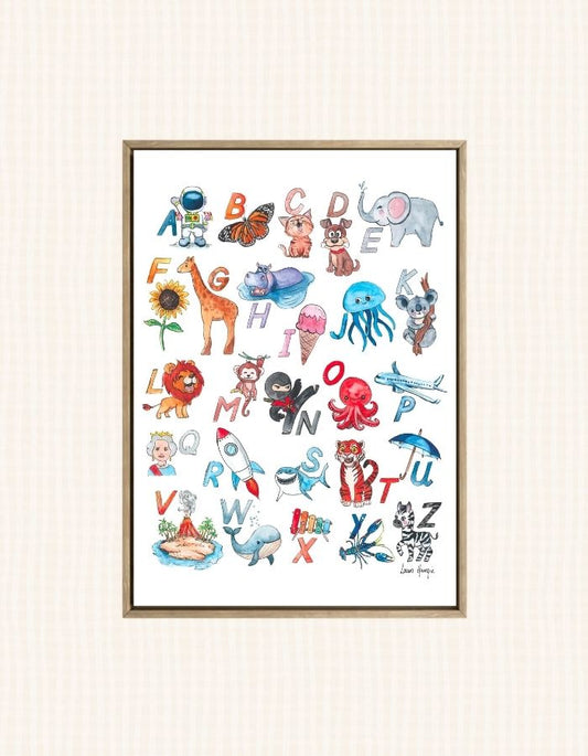 Watercolour art print of the ABC Alphabet with fun illustrations to help children learn the Alphabet, hand-painted by Laura Hamzic.