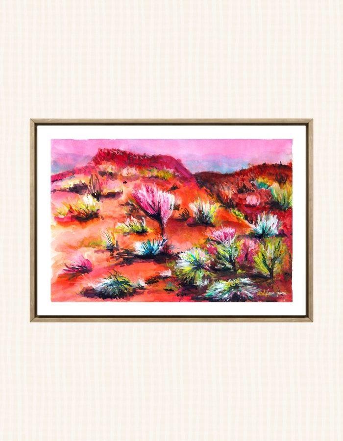 Watercolour art print of the vibrant desert scrub of regional Australia captured in bright whimsical colours and red desert hues, hand-painted by Laura Hamzic.