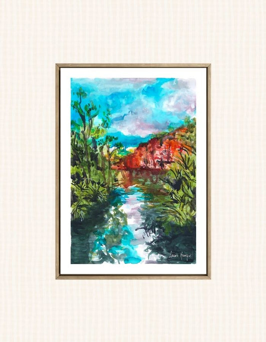 Watercolour art prints of Edith Falls, Northern Territory, Australia - a stunning landscape in vibrant colours - painted by Laura Hamzic