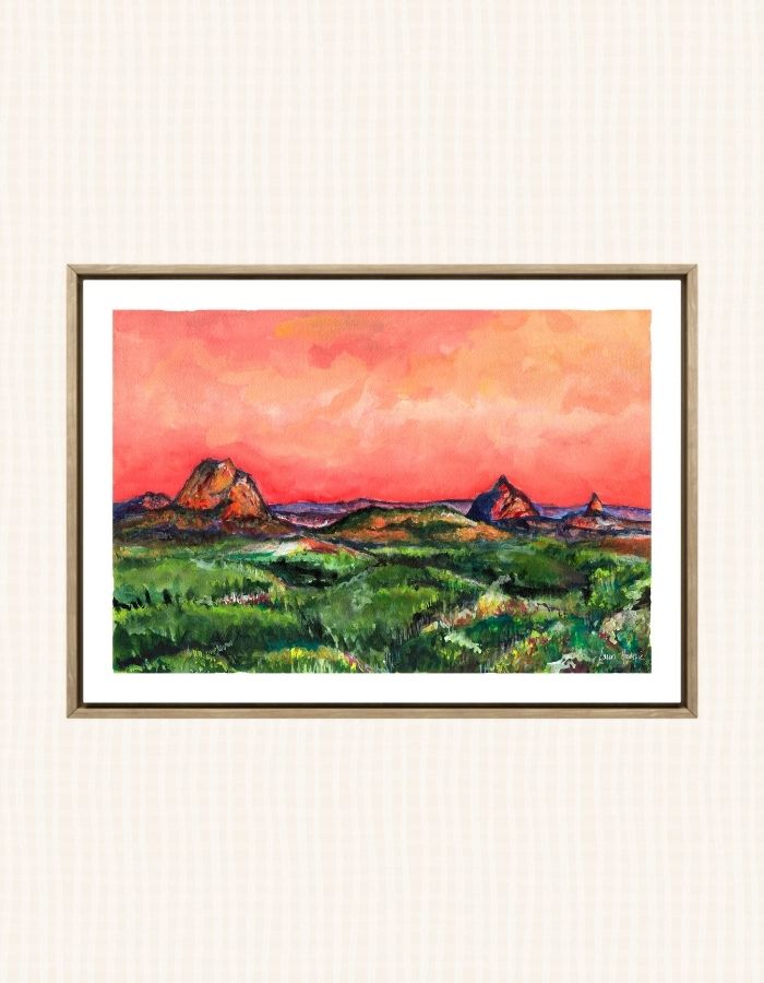 Watercolour art prints of the Glasshouse Mountains, Brisbane, Australia - a stunning landscape in vibrant colours captured as sunset hits the peaks - painted by Laura Hamzic