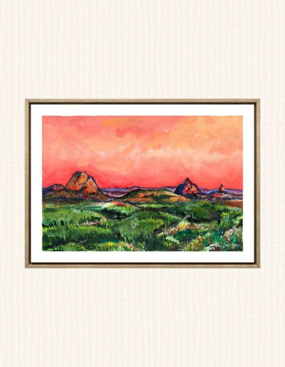 Watercolour art prints of the Glasshouse Mountains, Brisbane, Australia - a stunning landscape in vibrant colours captured as sunset hits the peaks - painted by Laura Hamzic