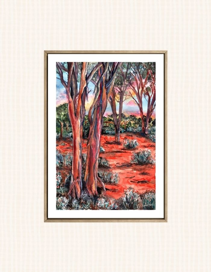 Watercolour art prints of the bush Salmon Gums in Kalgoorlie, Western Australia - these incredible trees glow bronze as the sun hits and reflect the red hues of the desert - painted by Laura Hamzic