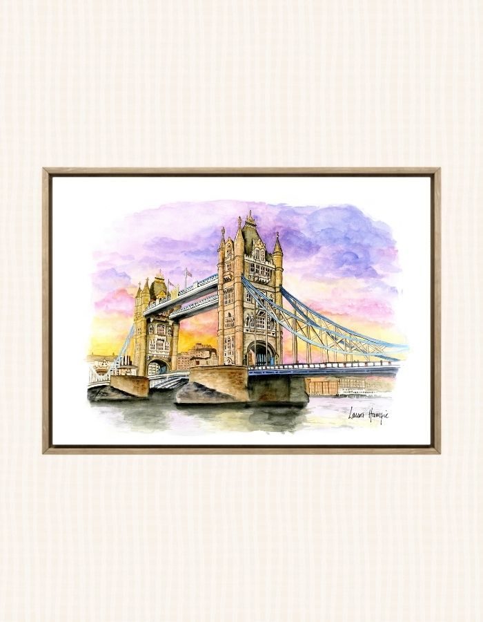 Watercolour art print of the London Tower Bridge at Sunset, hand-painted by Laura Hamzic.