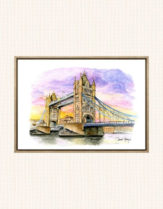 Watercolour art print of the London Tower Bridge at Sunset, hand-painted by Laura Hamzic.
