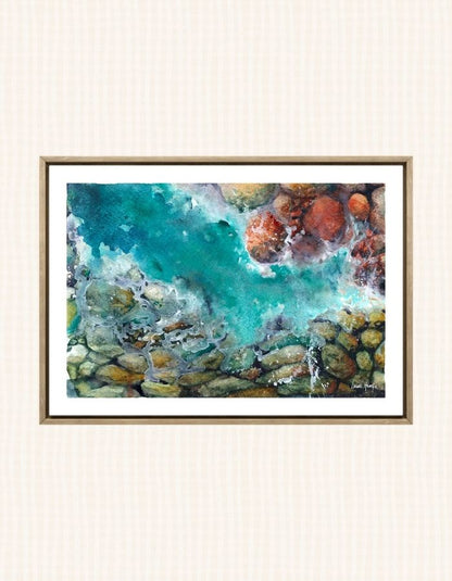 Watercolour art print of ocean waves crashing over rock pools - painting by Laura Hamzic